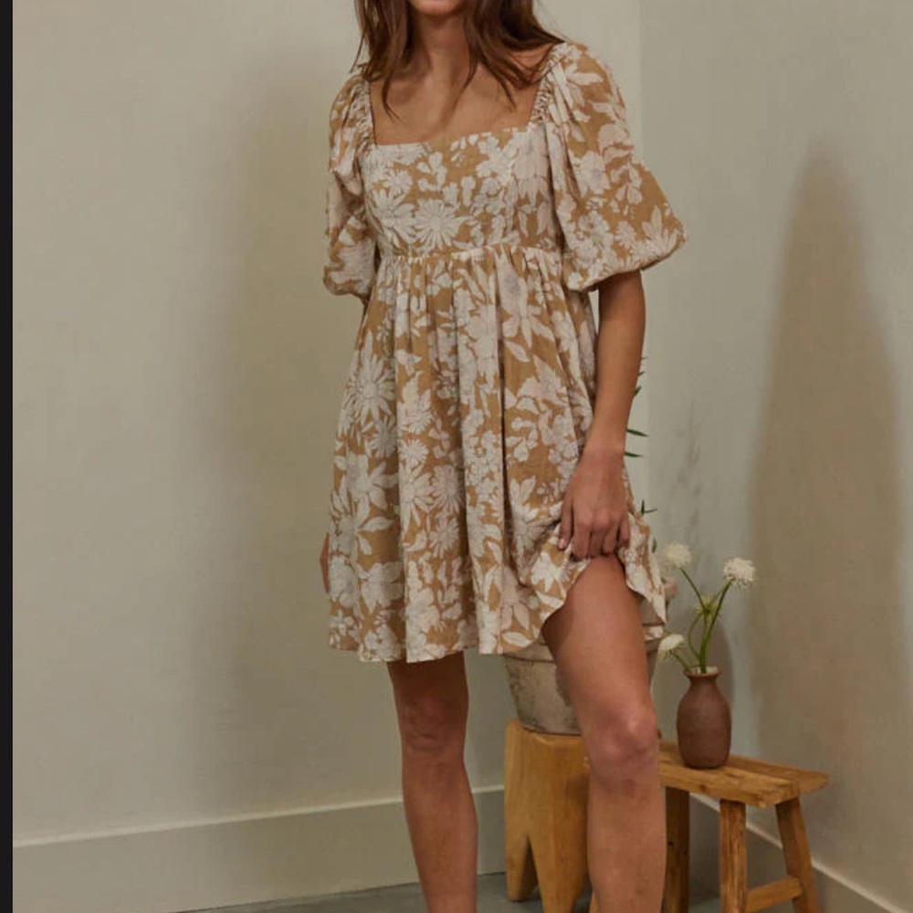 By Together Tan and Cream Square Neck Sundress